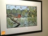 Limited edition hand-colored lino cut by artist Margie Crisp in pencil dedicated, "Pond Cycle for Mary Margaret"
