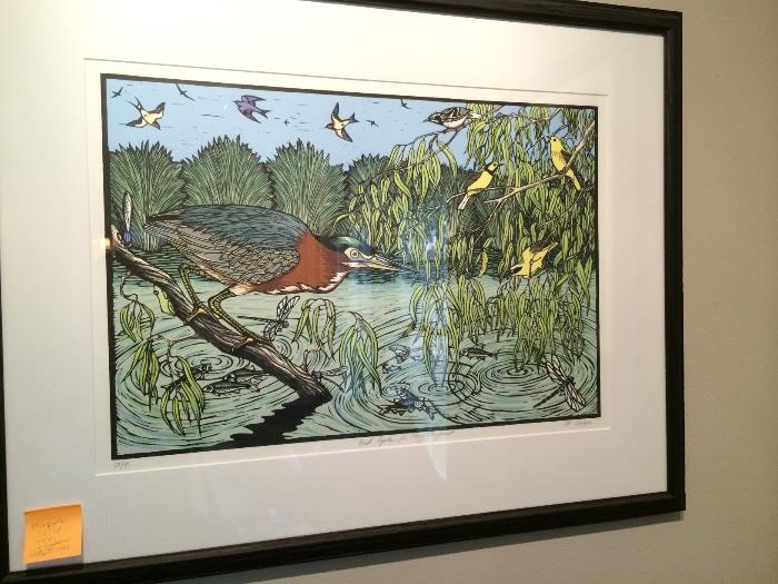 Limited edition hand-colored lino cut by artist Margie Crisp in pencil  dedicated, "Pond Cycle for Mary Margaret"