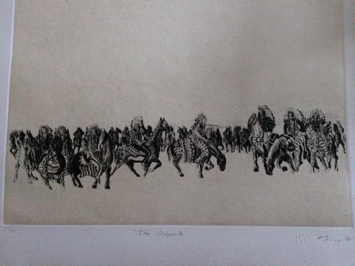 "The Dispute" signed etching by Earl Biss, 1 of 20.  $1500., fingernail sized hole in mat, not in image area.