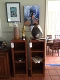 Counter clockwise from tall pot: Signed Ishmael Soto pot, modernist brass sculpture, Bonnie Lynch pot, above: painting by Rene Alvarado (NO LONGER AVAILABLE- sold to a family member) and aquatint etching by Jacques de Blois. Oak grain Pedestals are 3.5' tall with inner adjustable shelves,