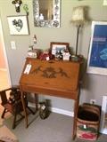 Turn-of-the-century drop-down secretary in bird's eye maple and signed Kelly Fearing print "Fish Collage #4"