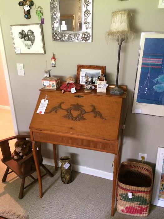 Turn-of-the-century drop-down secretary in bird's eye maple and signed Kelly Fearing print "Fish Collage #4" 
