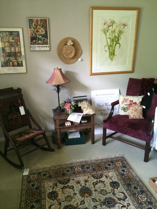 Original watercolor (pen and ink) by Cassandra James (1947 - 2012)  Velveteen Parson armchair, needlepoint cushions everywhere, 19th century E.H. Mahoney folding rocking chair with 1879 patent date, Persian Kashan rug