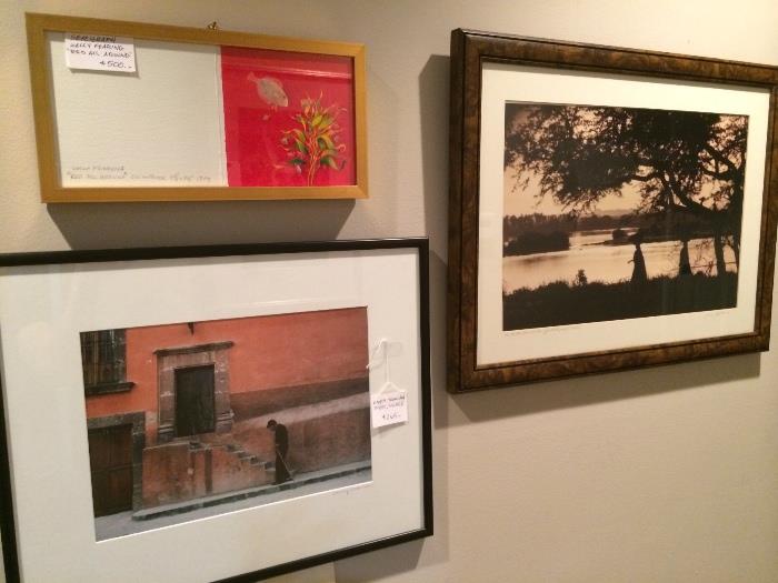Clockwise from top left: Kelly Fearing "signed print "Red All Around," signed Jim Spillane Photograph  "The Gentle Nile Washes off onto the People- Sudan", nancy Scanlan photograph