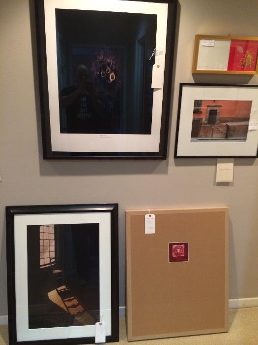 3 Trent Tate (Austin) enhanced prints signed by artist  top: "Bird's Nest", Lowerleft (on ground) depicting ladderback chair and the shadow cast and next to it in box and unframed "Shoes" by Trent Tate 