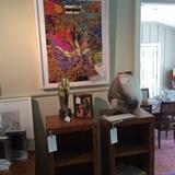 2 oak pedestals with adjustable shelves, 3 ft in height. Burnished pot is by Bonnie Lynch, New Mexico. Modernist statue. Artwork by Erin Curtis.