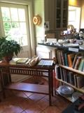 Cookbooks, oak mission console table