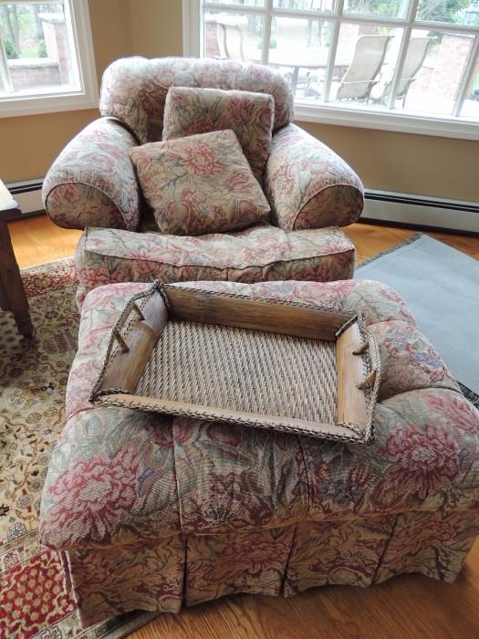 pair of down filled chairs with custom fabric, one ottoman