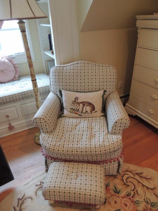Custom designer chair, ottoman and hand painted bunny pillow