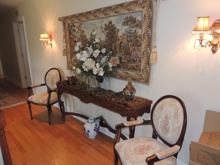  tapestry and rod, wall mounted console table, pair of tapestry chairs