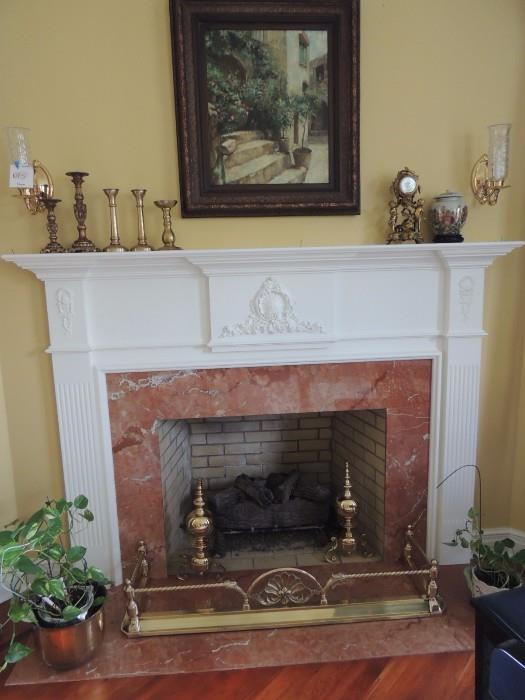 quality brass fireplace set, painting, antique french clock
