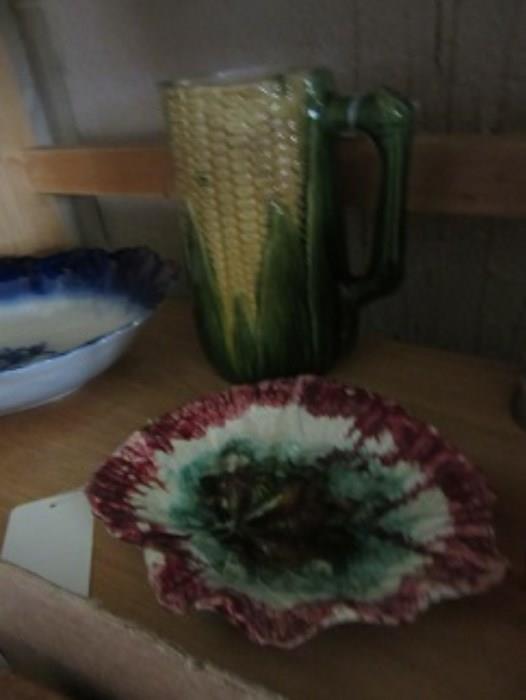 Majolica corn pitcher, leaf dish and more. 