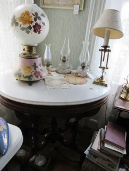 Marble top with beveled edges,  Early oil lamp 1820-40's, other oil lamps.  