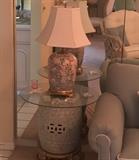 Blue scroll celadon garden seat table, custom hand painted ginger jar lamp with heavy brass base, silk shade