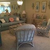 twisted wood sofa table, twisted wood coffee table, twisted wood arm chair, impeccably reupholstered couch