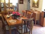 Stanley dining room set - table & 2 leafs, 2 arm chairs, 4 side chairs, server & two piece hutch