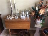 Tea cart with glass & silver plate items