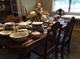 Dining room table with China, silver plate & glass items