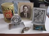 Art deco picture frames, toy cap gun, horseshoe clock,  glass ashtray, potato chip tin