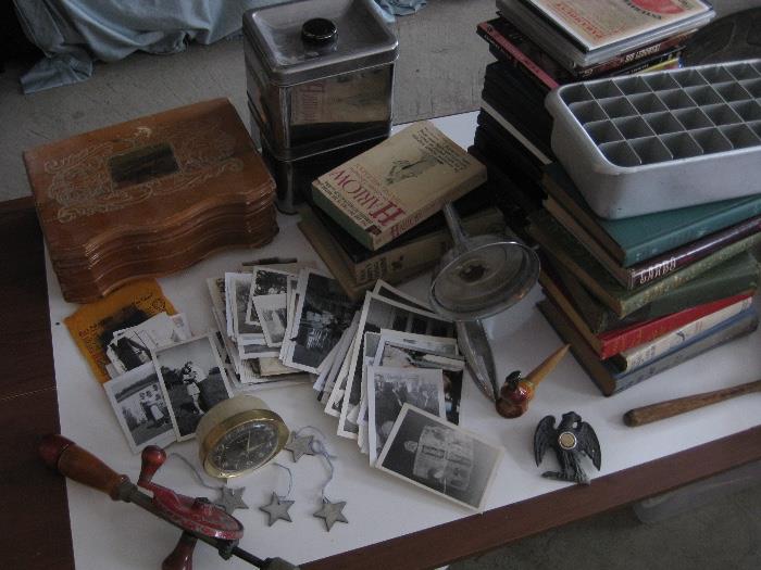 Old photos, vintage car mirror (no mirror), doorbell, clock, wooden jewelry box, tea/coffee caddies, books, ice cube trays