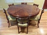 Fine Crotch Mahogany Carved Base Dining Table, Six Ant. Empire Chairs