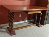 Custom Solid Mahogany Desk (Attrib. Honduras),Trestle Base w/ Spiral Legs, Single Drawer