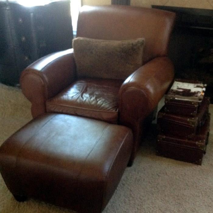 Pottery Barn Leather Chair and Ottoman