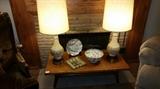 Mid-century coffee table and lamps.