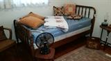 Antique barley twist twin bed in great shape. Quilts, pillows.
