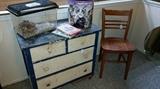 Vintage child's project dresser. Terrarium. Vintage child's chair.