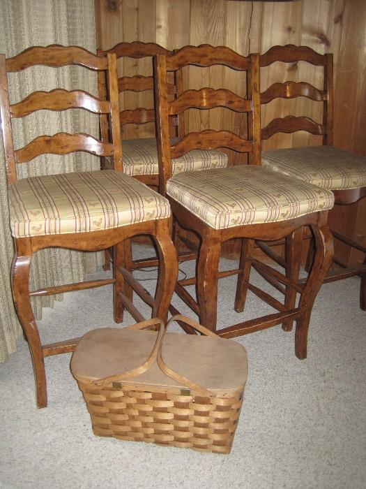 PINE BAR STOOLS WITH ROOSTER UPHOLSTERY, VINTAGE PICNIC BASKET