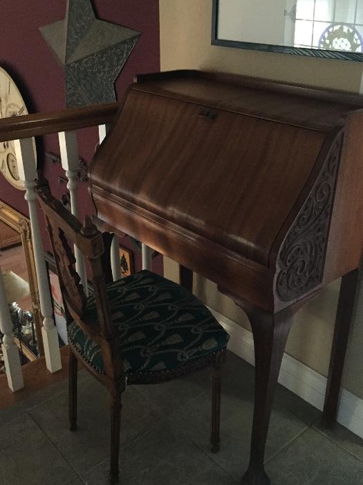 Carved Drop Front Desk and Chair