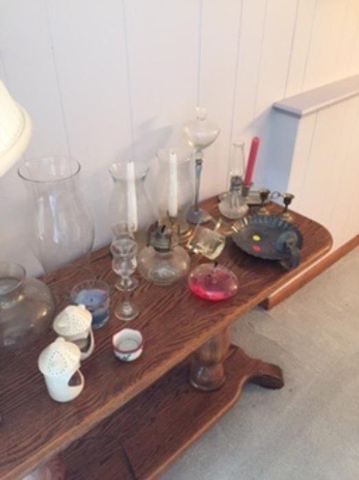 Glass Hurricanes, candle and oil lamps