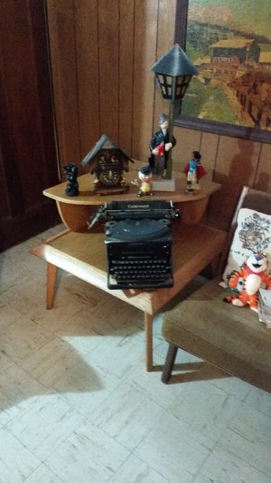Typewriter, lamp, clock, mid century end table