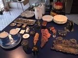 Vintage Ink Well Set (Glass has turned Purple over the years) Nice Enamel Pieces and wood carvings