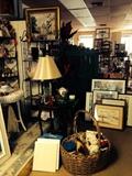 Antique pictures, lamp, rug wicker table, etc.