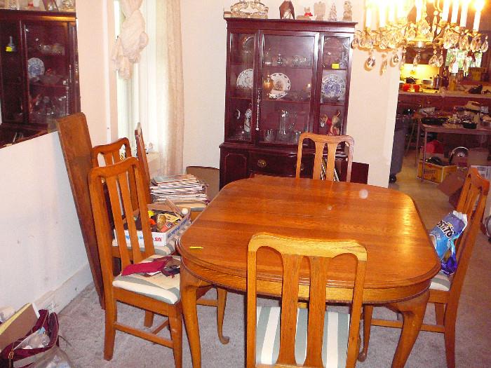 oak dining table and chairs. Mahogany breakfront cupboard