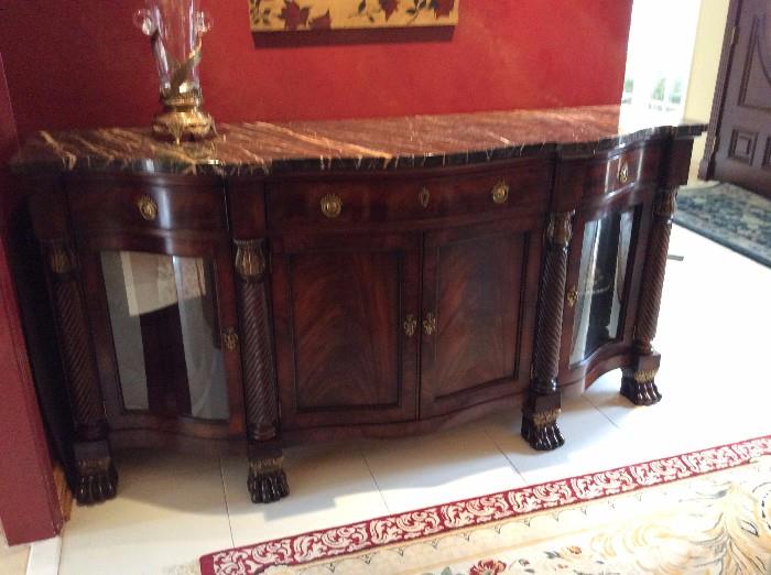 Note the stunning curved doors on this unique and beautiful Henredon Buffet, from the historic natchez collection. size is 76 1/2 inches x 24 inches deep. Beautiful veined marble top all resting on decorative claw feet. W O W