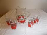 VINTAGE Red Tomatoes Pitcher & 4 Glasses - will be sold as a set - PRECIOUS - great kitchen collectible!!!