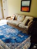 Wicker sofa / gorgeous -blue / beige French Aubusson 8x10 rug