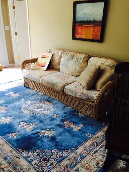 Wicker sofa / gorgeous -blue / beige French Aubusson 8x10 rug