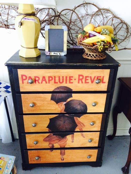 whimsical fine  painted chest 30x42  / lamps / frames / natural home decor 