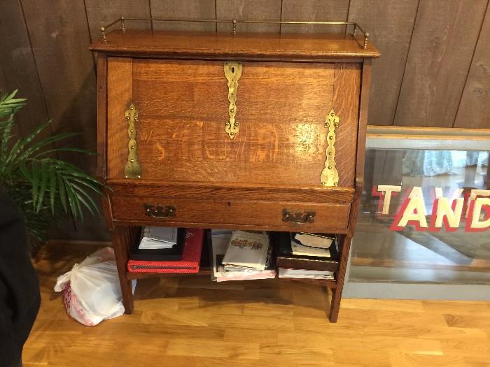 Antique Small Oak Drop Front Chest with Brass