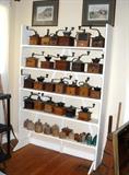 Collection of cast iron & wood coffee grinders, wooden butter molds, glass insulators.