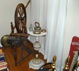 Marble and cast iron smoke stand - all the pieces are there.  Old spinning wheel.