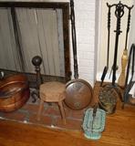 Bed warmers, fire tools.  Cast iron and brass ember/coal carriers.