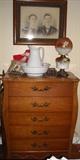 Unique curved 5 drawer chest of drawers.  Several nice pitcher & bowl sets.