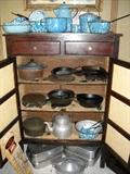 Wonderful old pie safe w/pressed tin inserts. Graniteware. Cast Iron. 