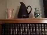 Pink Abingdon Pottery Vase, Russel Wright pitcher and encyclopedias