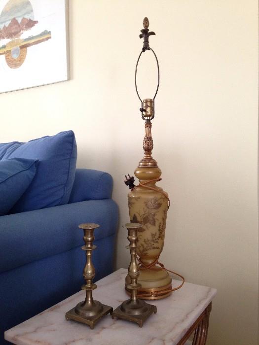 Vintage Gold Lamp with Acorn Finial, Brass Candlesticks 